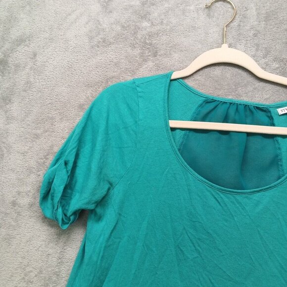 STYLEMINT Top  Size 2 Women Short Sleeve Casual Solid Turquoise Knit Sheer Back - Picture 4 of 13